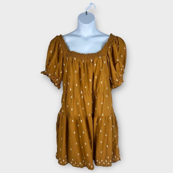 Old Navy Puff-Sleeve Tiered Smocked Embroidered Mini Swing Dress Gold 2X - Picture 1 of 8